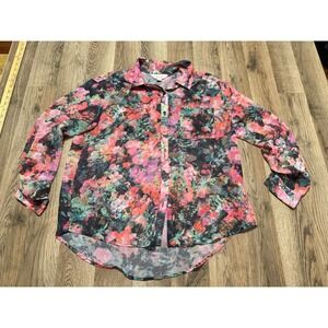 Decree Blouse Womens Large Multicolor Floral Button Up High Low Sheer Used